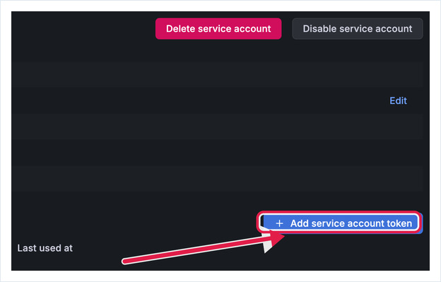 Grafana service account page with the Add service account token button highlighted