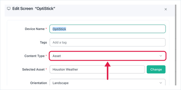 Edit Screen dialog with Content Type set to Asset and a Change button beside the selected asset