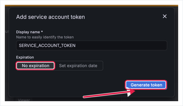 Grafana Add service account token dialog with No expiration set and Generate token highlighted
