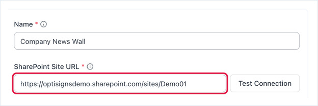 SharePoint News config with Name and SharePoint Site URL filled in, beside Test Connection