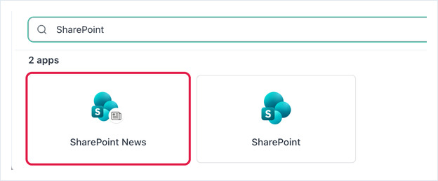 Apps dialog searched for SharePoint, with the SharePoint News tile highlighted