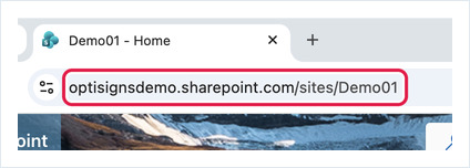 Browser address bar showing a SharePoint site URL ending in /sites/Demo01