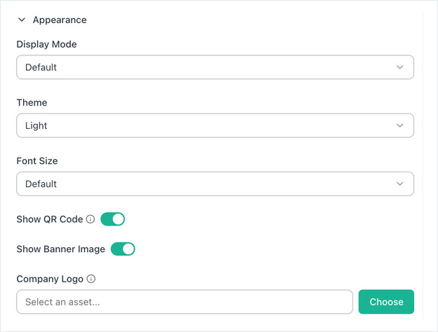 The Appearance section expanded, showing Display Mode, Theme, Font Size and the toggles