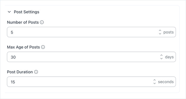 The Post Settings section showing Number of Posts, Max Age of Posts and Post Duration