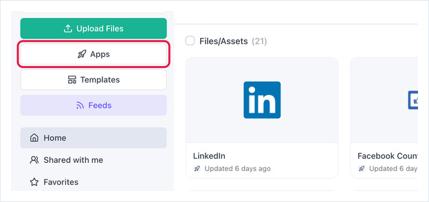 The Files/Assets page with the Apps button that opens the app picker