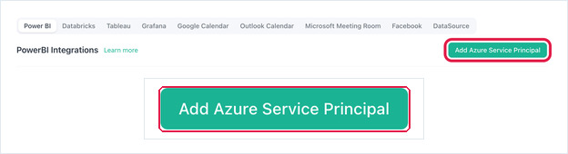 The Integrations page, Power BI tab, with the Add Azure Service Principal button