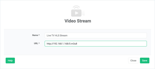 Boîte de dialogue de l'app Video Stream d'OptiSigns, Name rempli et l'URL HLS dans le champ URL.