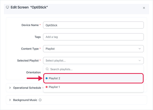 Edit Screen dialog, Selected Playlist search list open with a playlist highlighted
