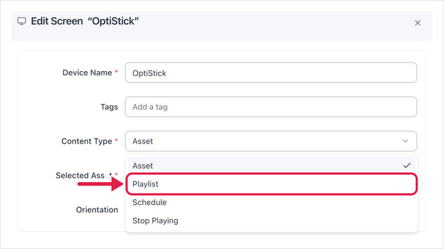 Edit Screen dialog, Content Type list open: Asset, Playlist, Schedule, Stop Playing