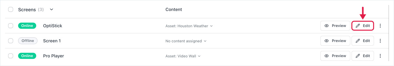 Screens list row with the Edit button highlighted