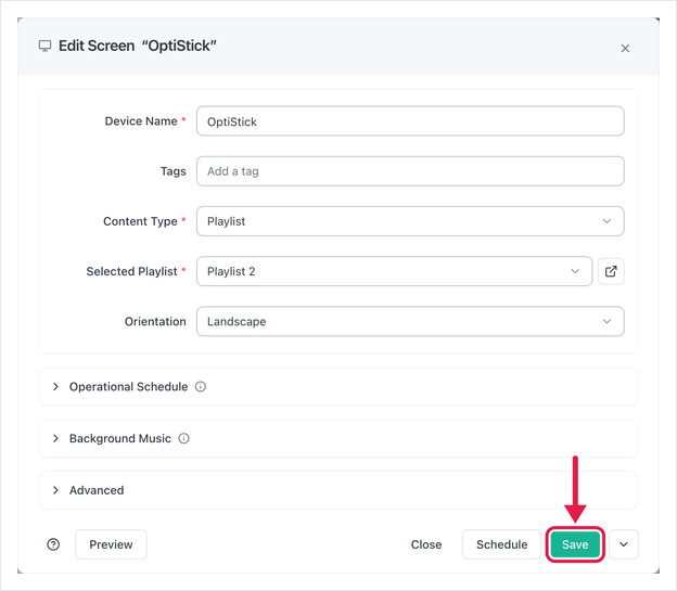Edit Screen dialog with a playlist selected and the Save button highlighted