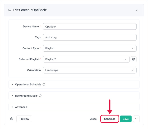 Edit Screen dialog with the Schedule button highlighted beside Close and Save