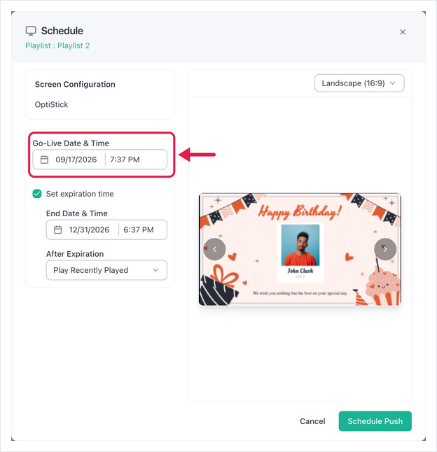 Schedule dialog: Go-Live Date and Time highlighted, Set expiration time ticked with End Date filled