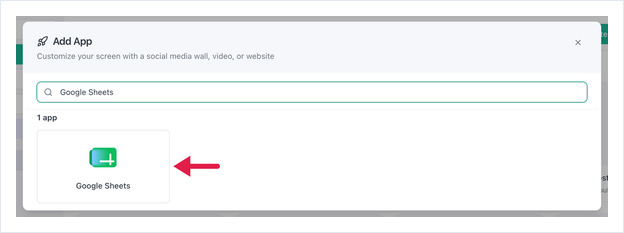 Add App dialog in OptiSigns with Google Sheets searched; arrow points at the Google Sheets app card.