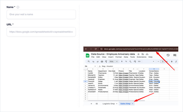 OptiSigns Google Sheets dialog: Name and URL boxes on the left, an example sheet on the right, Next button.