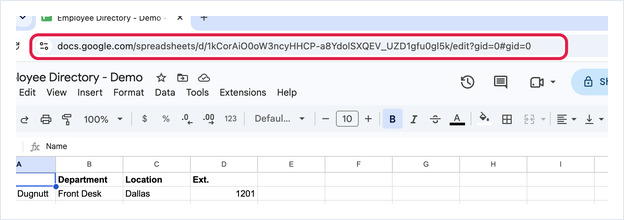 A Google Sheet open in a browser with the address bar boxed in red, where you copy the URL.