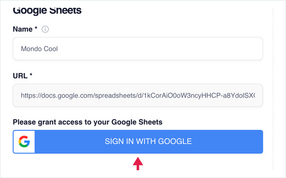 Arrow pointing up at the blue SIGN IN WITH GOOGLE button below the Name and URL boxes.