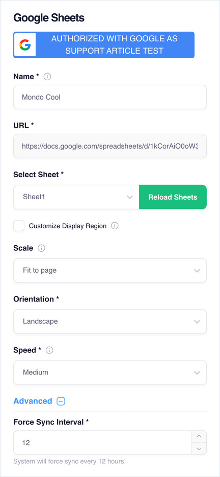 Google Sheets settings: Select Sheet, Customize Display Region, Scale, Orientation, Speed, Force Sync Interval.