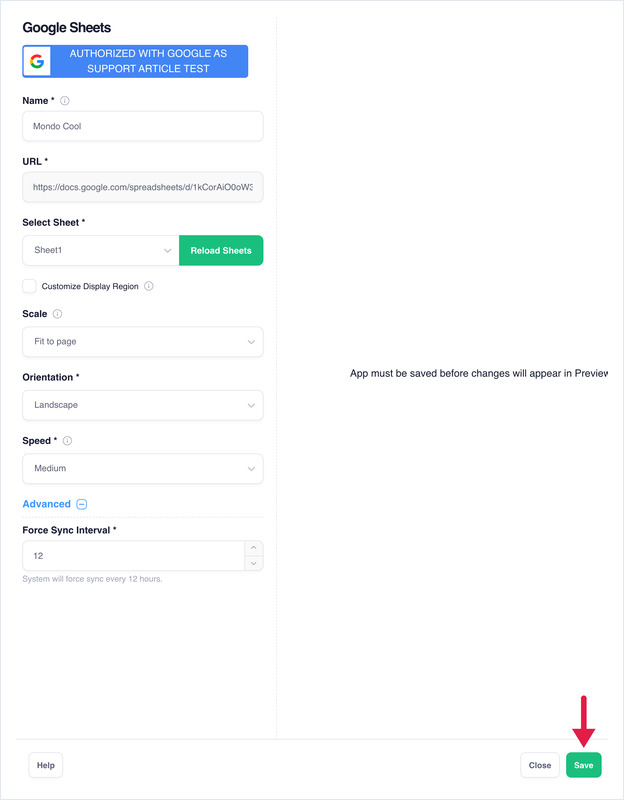 The Google Sheets settings with the Save button shown magnified beneath them.