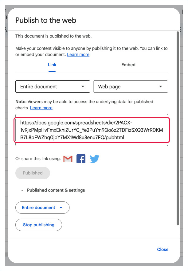 Publish to the web dialog after publishing, with the published link boxed in red.