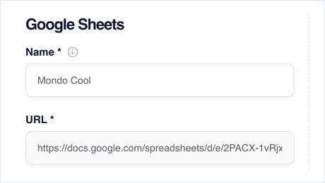 Google Sheets app with a published link: only Name, URL and Save appear, no Update Interval.