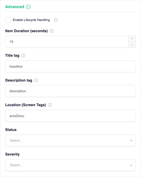 Advanced expanded, showing lifecycle, tag, location and status options