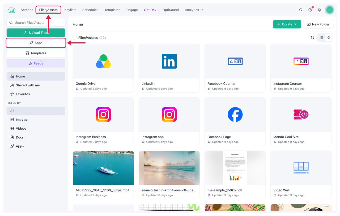 Files/Assets page with the Files/Assets tab and the Apps button marked