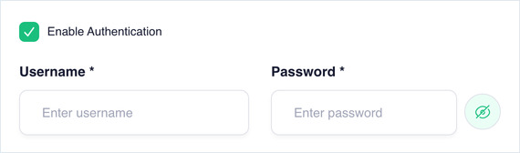 Enable Authentication ticked, showing the Username and Password fields