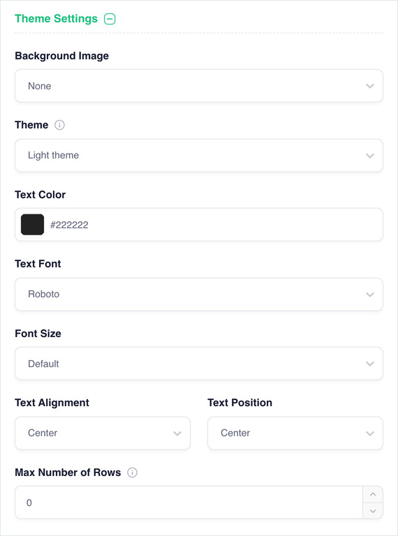 Theme Settings expanded, showing background, theme, colour and layout options