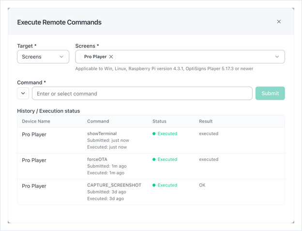 Execute Remote Commands dialog after sending showTerminal to a Pro Player, shown as Executed