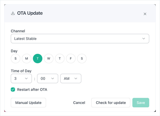OTA Update dialog: Channel, Day, Time of Day, Restart after OTA, and Save