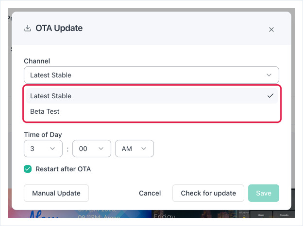 OTA Update Channel list open, Latest Stable ticked and Beta Test below it