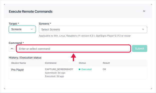 Execute Remote Commands dialog with the Command field highlighted, above the execution history table