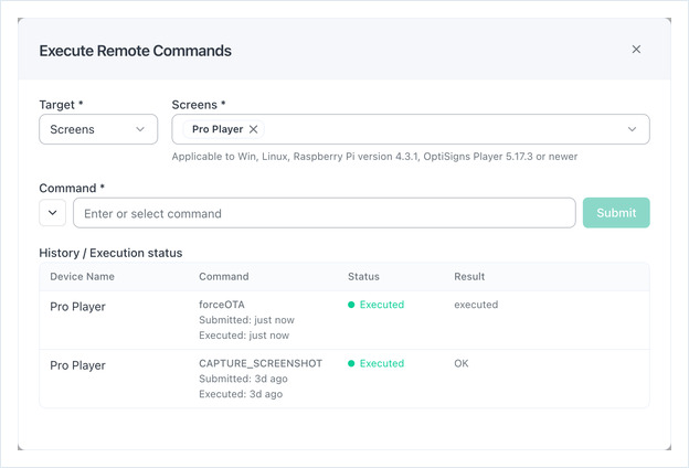 Execute Remote Commands dialog after sending forceOTA to a Pro Player, shown as Executed