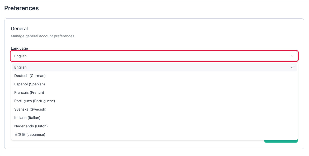 Preferences General section with the account Language list open, showing nine languages.