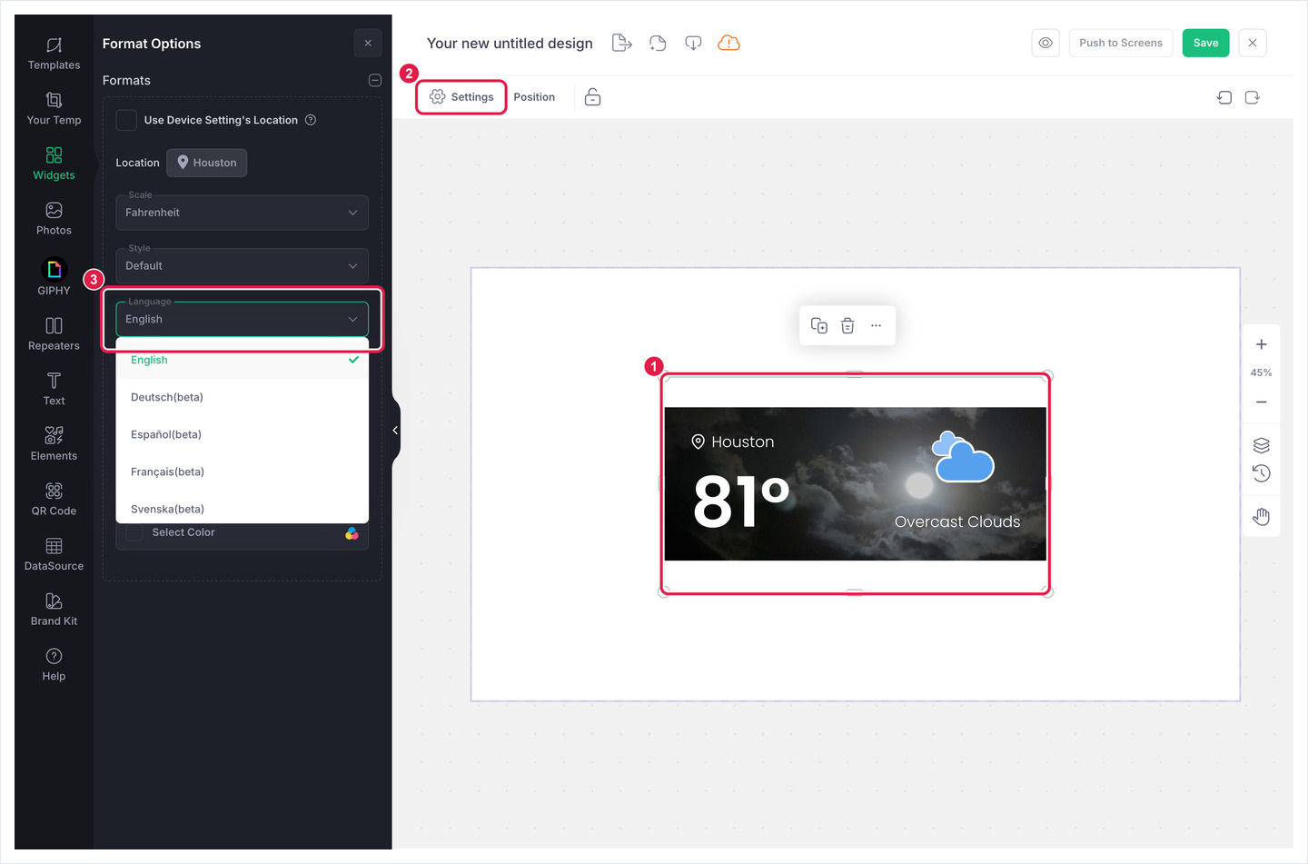 Designer Format Options for a Weather widget with the Language list open.