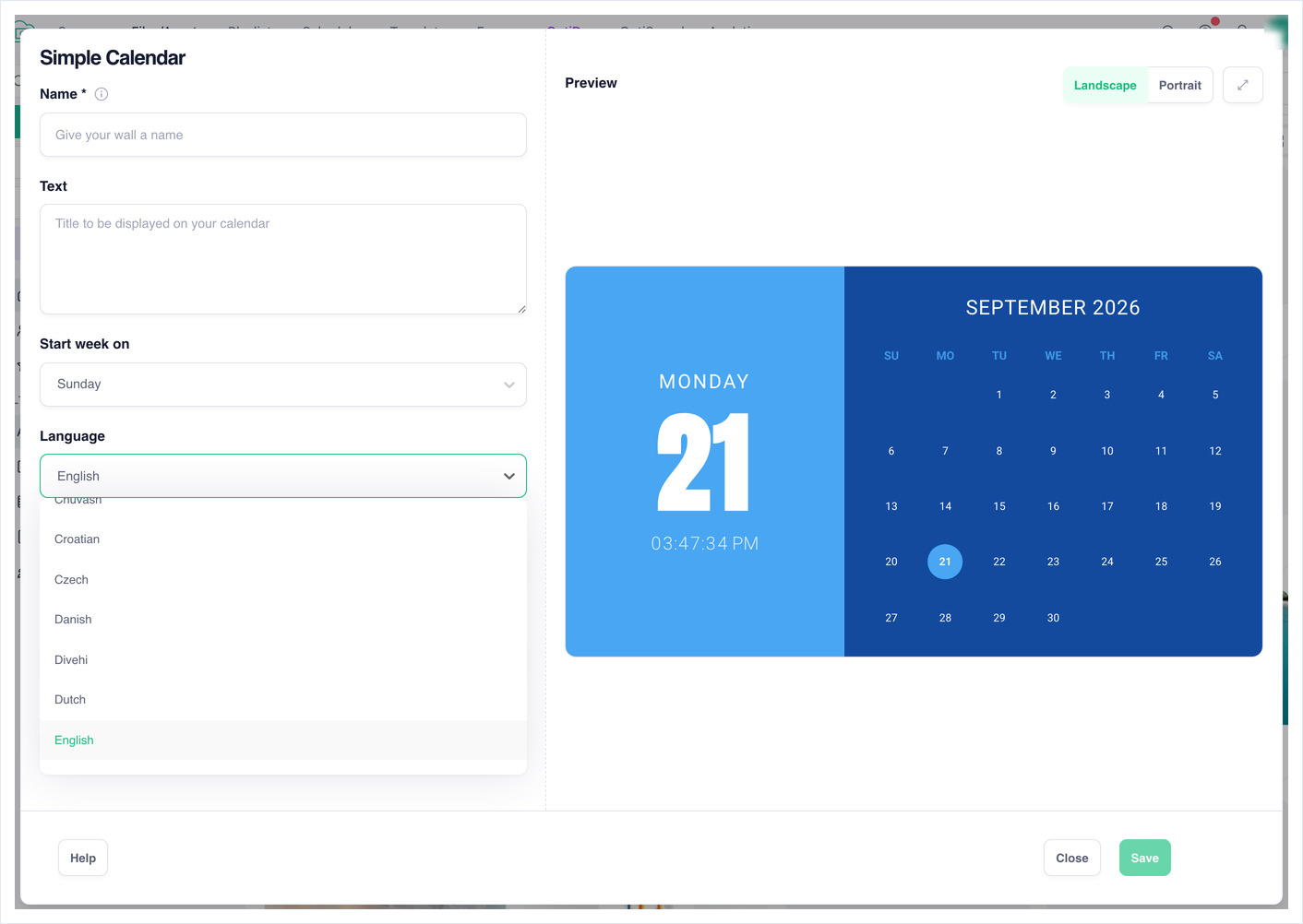 Simple Calendar app settings with its Language list open, showing world locales.