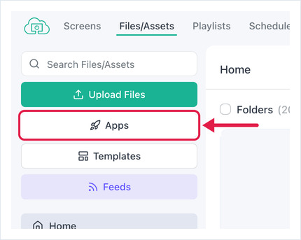 Files/Assets sidebar with the Apps button highlighted
