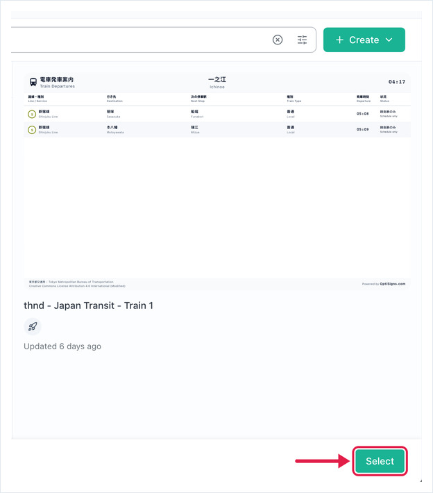 Select Asset dialog with a Japan Transit board previewed and Select highlighted