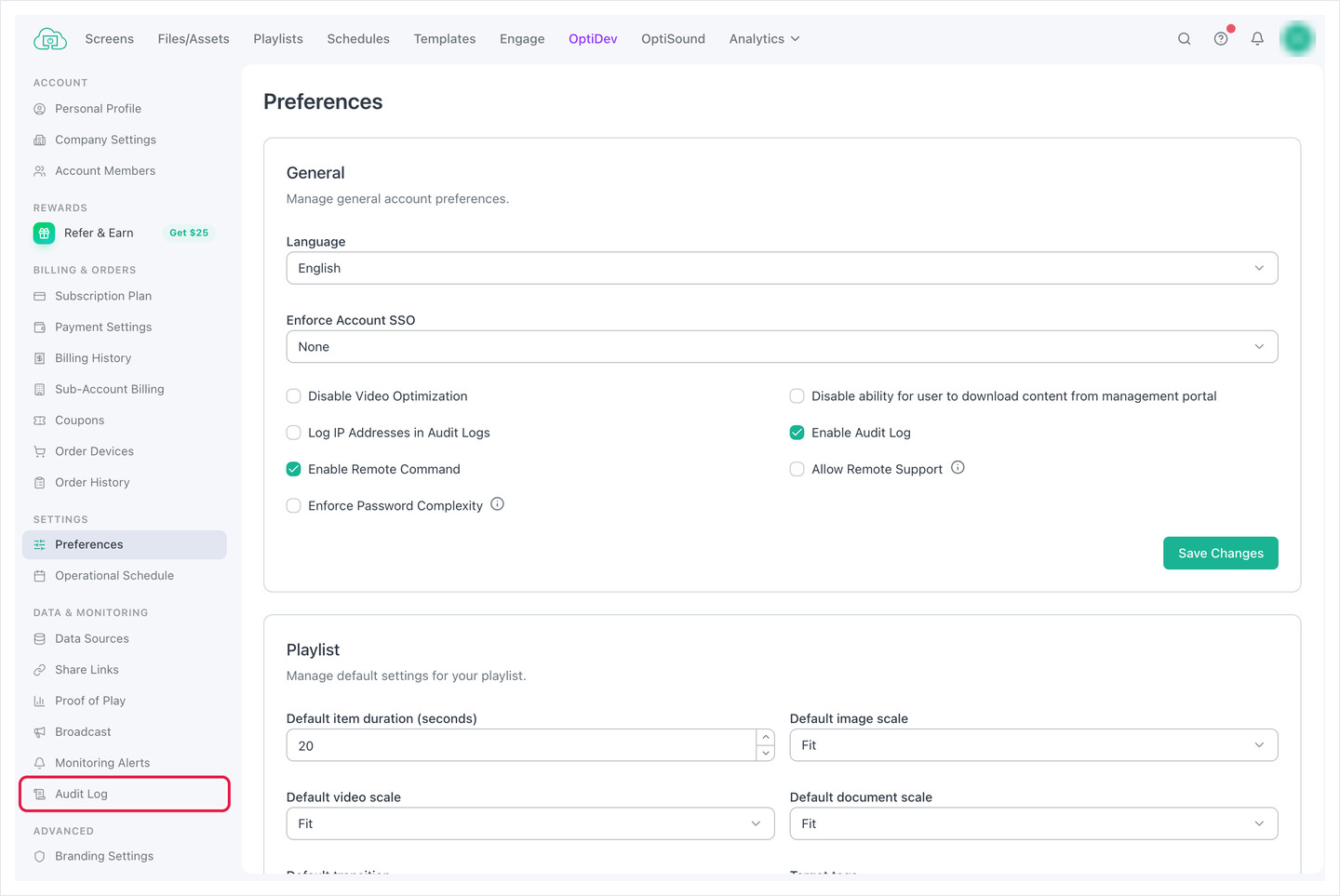 OptiSigns settings sidebar with Audit Log outlined in red under the Data and Monitoring group.