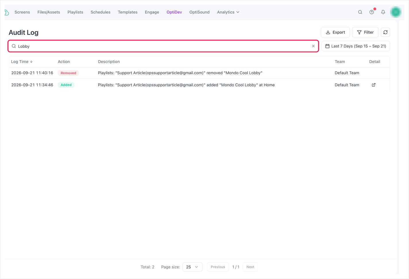 Audit Log search box containing Lobby, outlined in red, with the matching entry listed below.