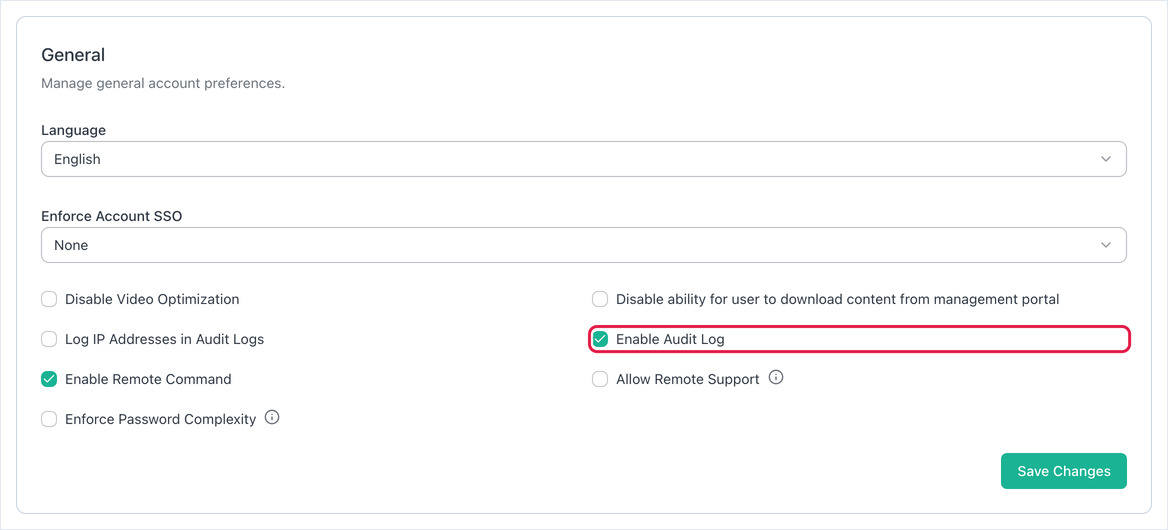 OptiSigns Preferences, General section, with the Enable Audit Log checkbox ticked and outlined in red.