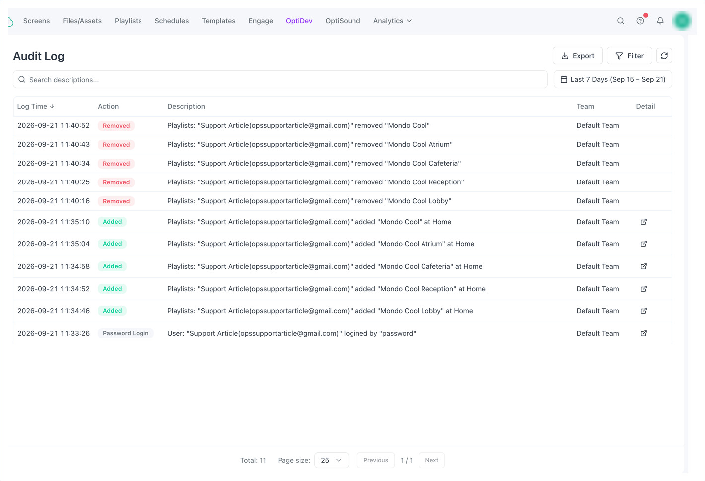 The Audit Log page listing entries with Log Time, Action, Description, Team and Detail columns.