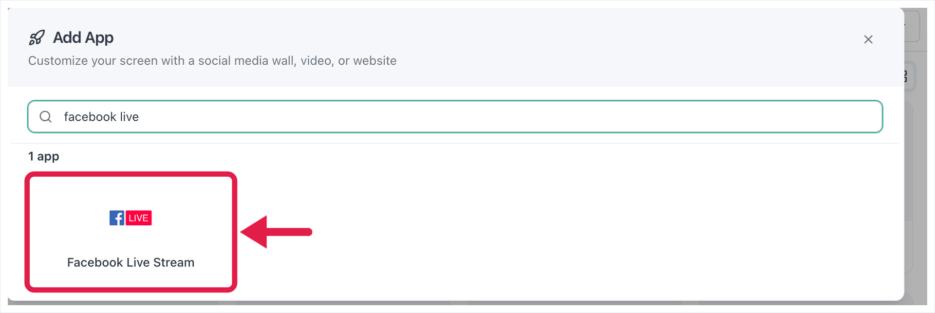 La fenêtre Ajouter une application filtrée sur facebook live, avec une flèche pointant l'application Facebook Live Stream.