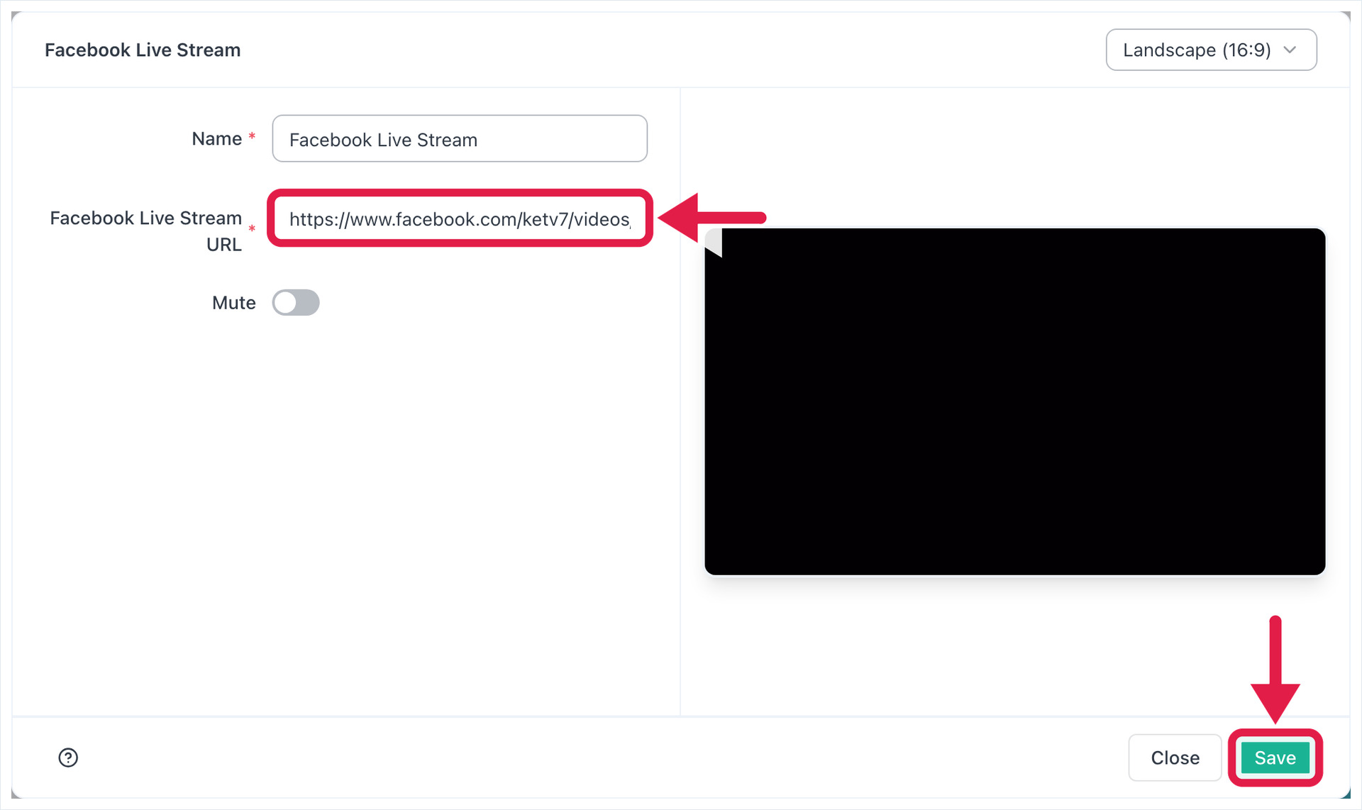 Het instellingenvenster van Facebook Live Stream, met pijlen naar het URL-veld en de knop Opslaan.