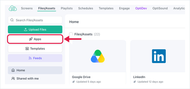 Files/Assets page with a red arrow pointing at the Apps button in the left sidebar