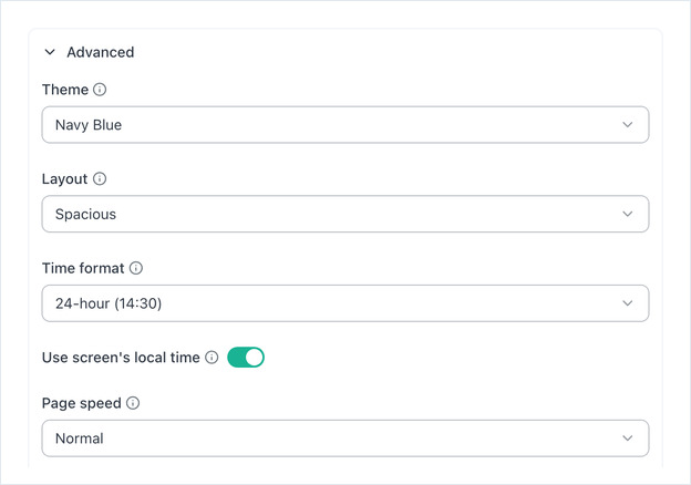 Advanced settings: Theme, Layout, Time format, Use screen's local time and Page speed
