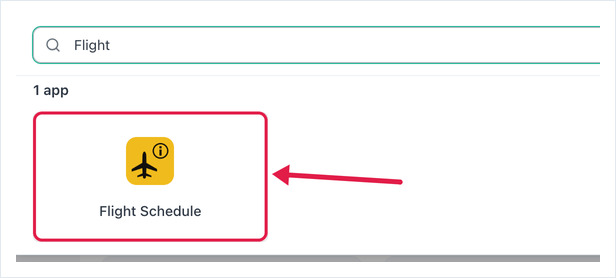 App picker filtered to Flight, with the Flight Schedule app card highlighted