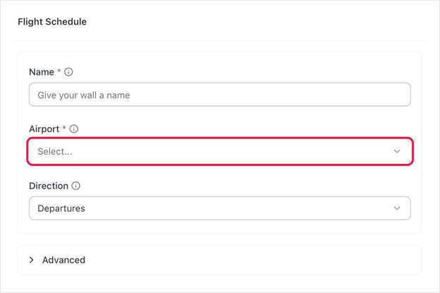 Flight Schedule settings: Name, Airport and Direction, with Advanced collapsed below