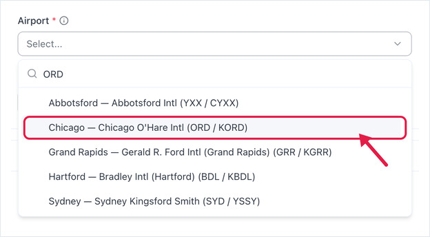Airport picker searched for ORD, with Chicago O'Hare highlighted in the results